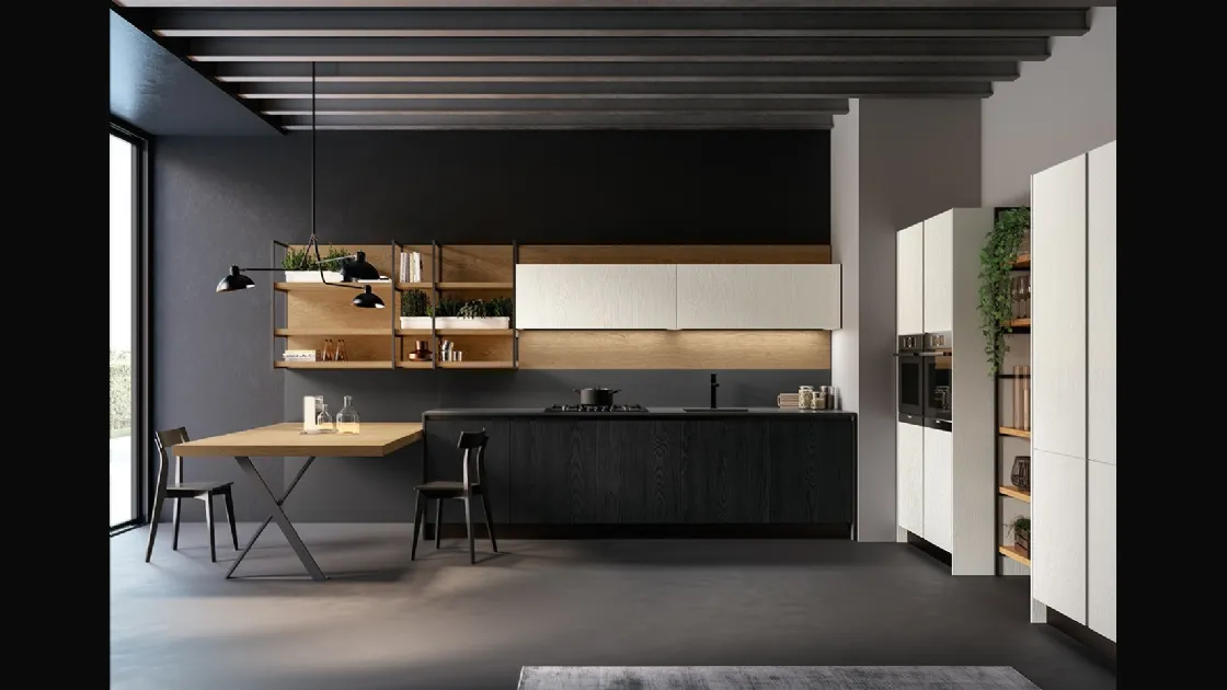 Cucina Moderna lineare Asia in laccato poro aperto Bianco e Nero opaco con top HPL Fenix Nero di Arredo3