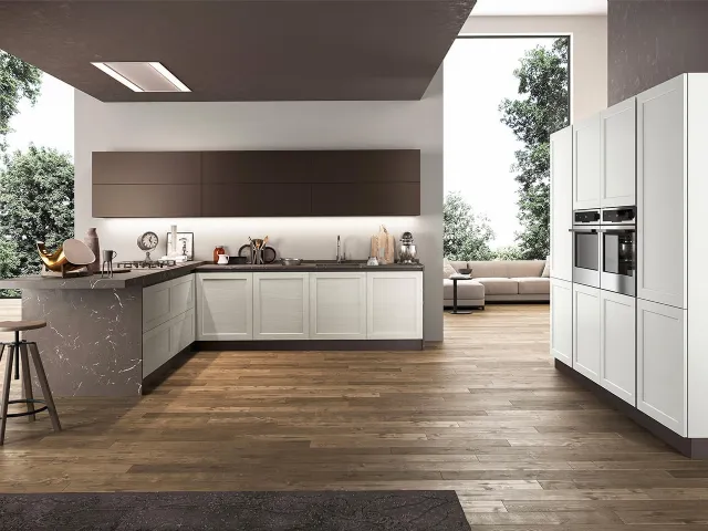 Cucina angolare Moderna Frame con basi in Frassino e top in laminato effetto Marmo di Arredo3