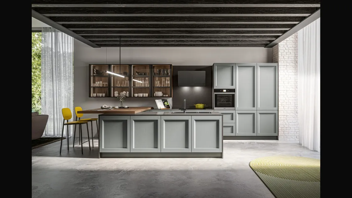Cucina Moderna con isola in laccato poro aperto Grigio perla e penisola in finitura Rovere safari Frida Modern di Arredo3