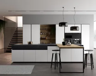 Cucina Moderna Glass 2 0 in vetro opaco bianco puro con penisola in laminato Noce Imperial di Arredo3