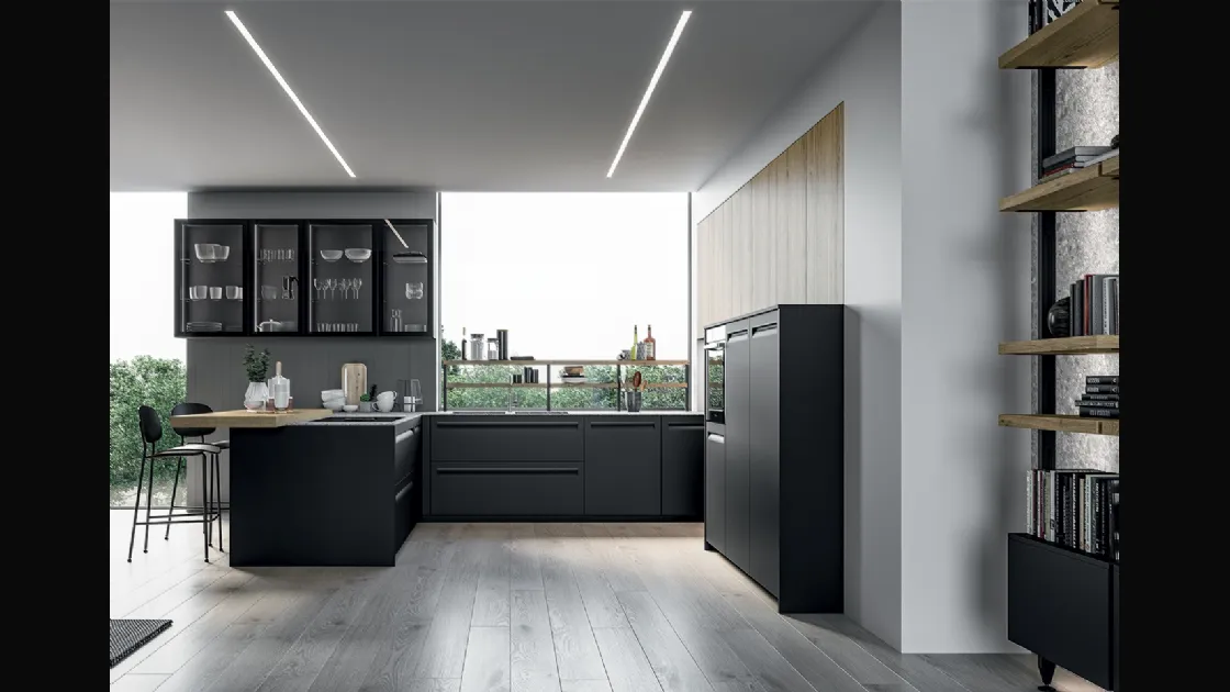Cucina Moderna angolare Tekna in polimerico Nero opaco e laminato Rovere biondo di Arredo3