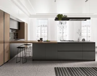 Cucina Moderna angolare in laccato metallizzato ossidato con penisola e colonne in laminato Rovere Safari Time di Arredo3