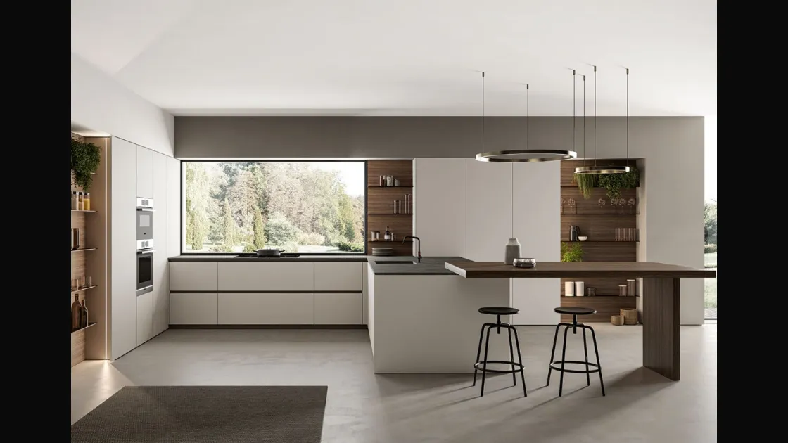 Cucina Moderna angolare laccato opaco Nebbia con penisola in Eucalipto Noce Time di Arredo3