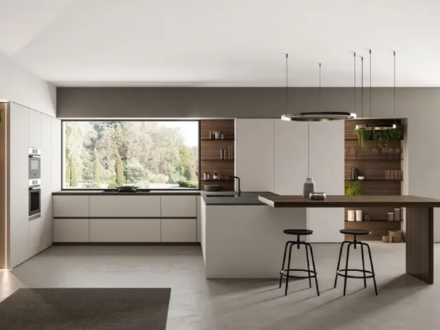 Cucina Moderna angolare laccato opaco Nebbia con penisola in Eucalipto Noce Time di Arredo3