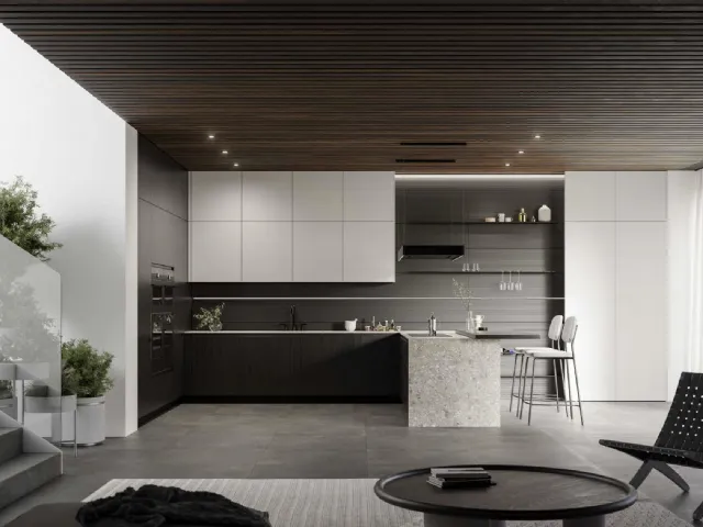 Cucina Moderna Area 22 Gola con penisola in laccato e noce canaletto con top in marmo di Dibiesse