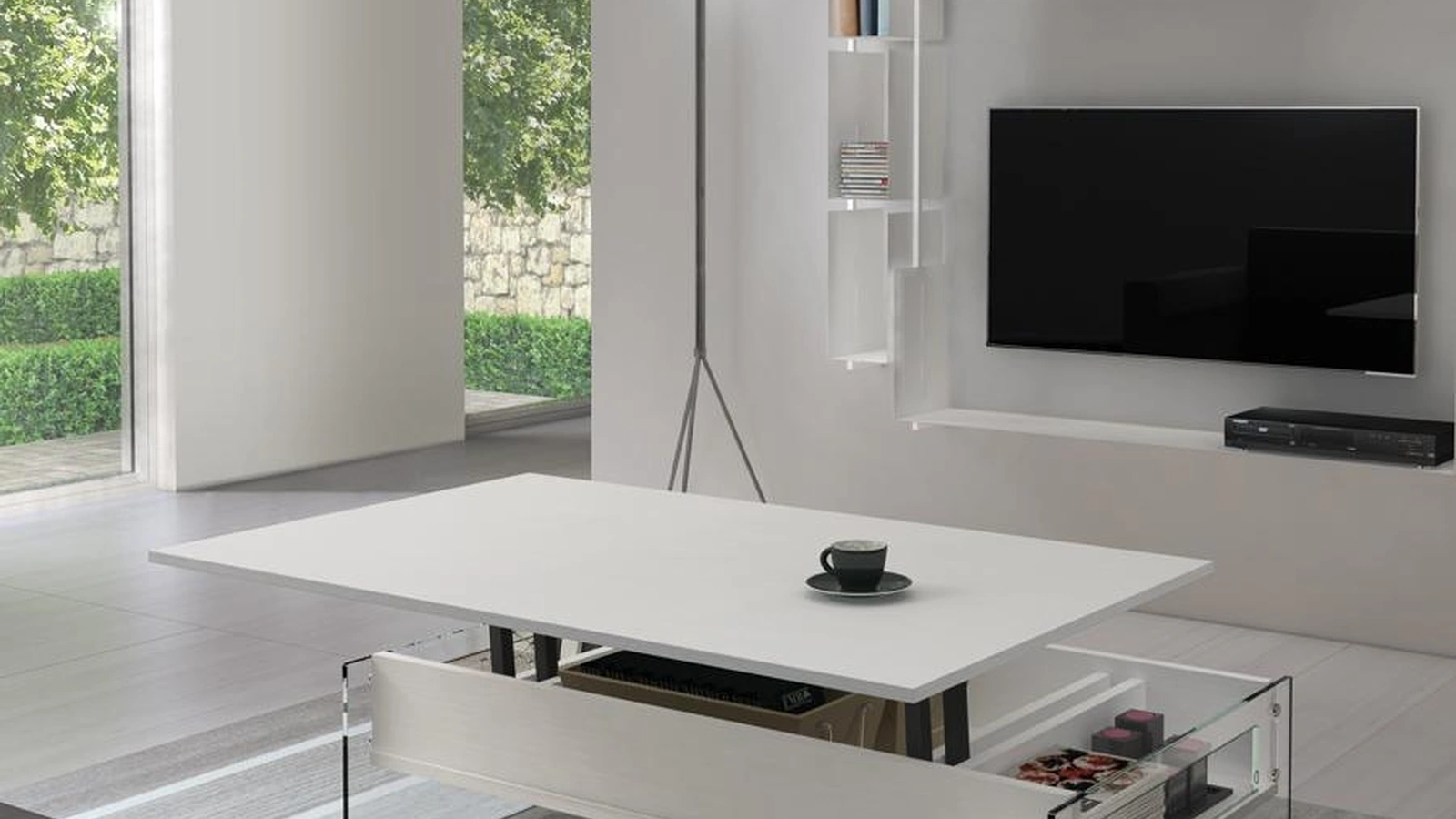 Tavolino multifunzione con piano alzabile realizzato in laminato ecologico con fianchi in vetro temperato London di Pezzani