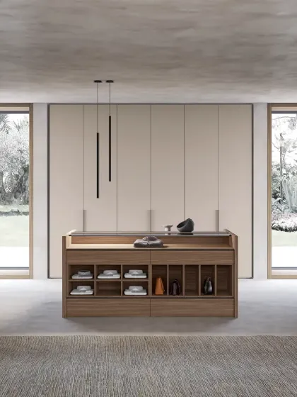 Armadio Atelier a vista con ante Crystal in vetro oppure con anta Low in laccato finitura Canapa di Adok