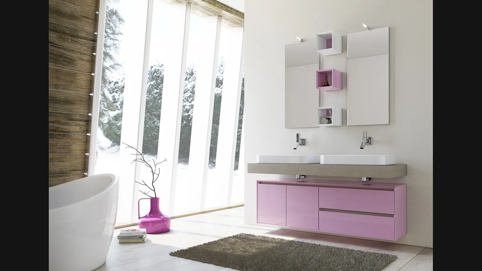 Mobile da Bagno sospeso Cloud 06 in laccato lucido rosa e laccato effetto cemento grigio chiaro di Arredoquattro
