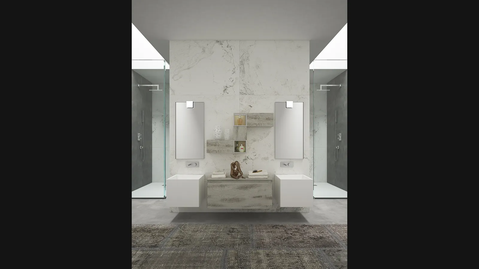 Mobile da Bagno sospeso Creativity 03 in rovere nodato tinta terre di Marte e laccato opaco bianco di Arredoquattro