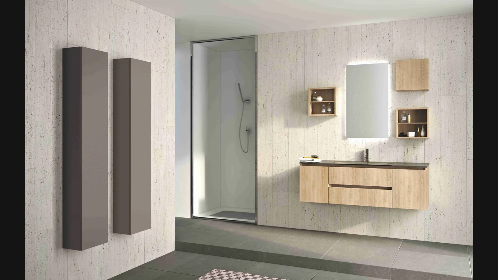 Mobile da Bagno sospeso Hope 01 in laminato rovere rustico e top integrato in cristallo di Arredoquattro