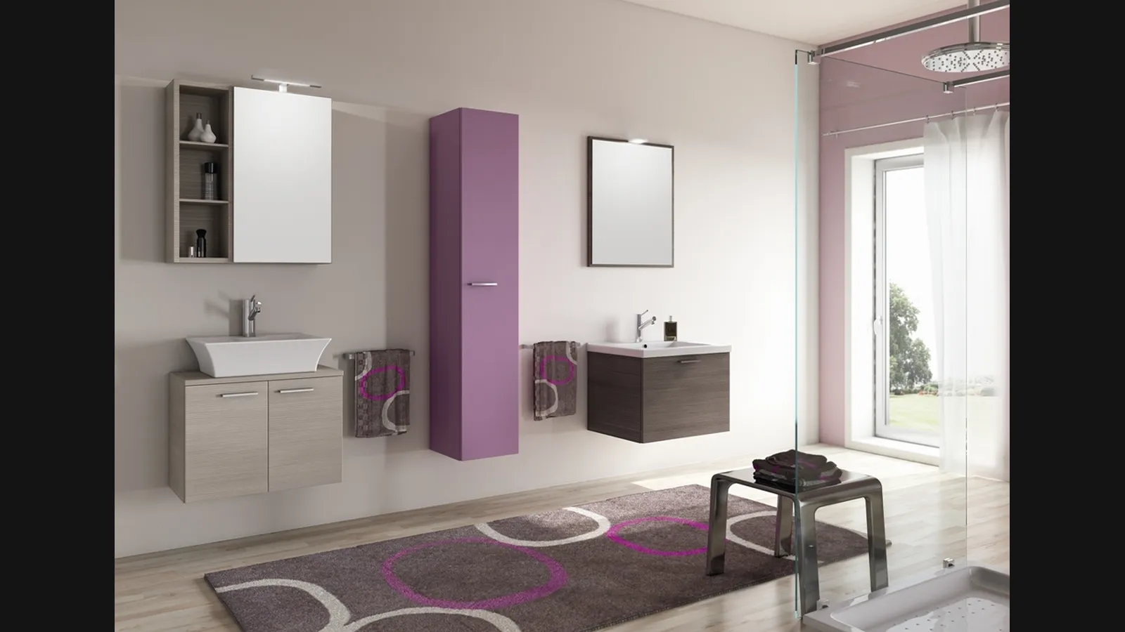 Mobile da Bagno sospeso Hope 11 in laminato Pino chiaro, laminato Noce Canaletto e laccato opaco lampone di Arredoquattro