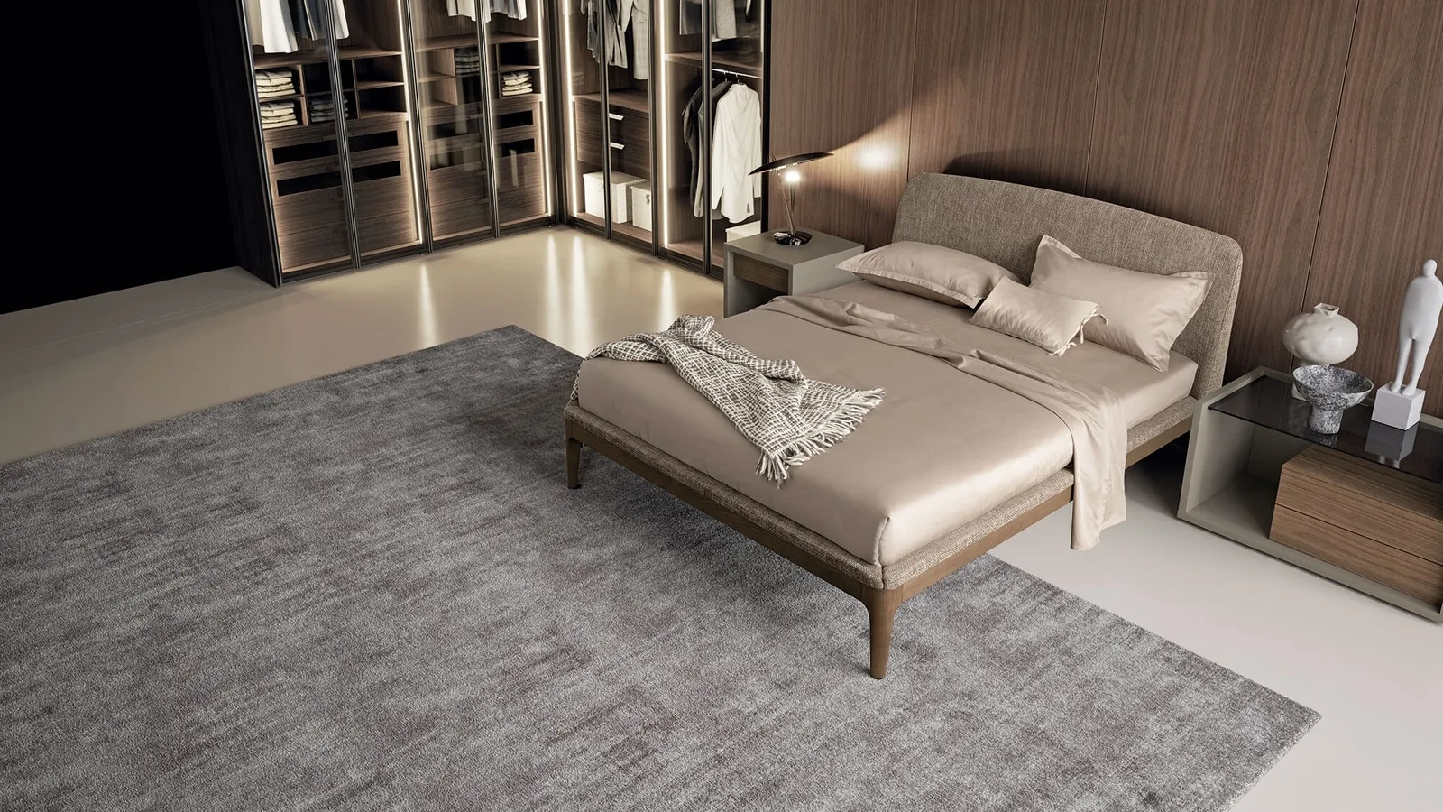 Letto in tessuto con struttura in legno semplice ed essenziale con testiera lievemente arcuata Elegance di Dall'Agnese