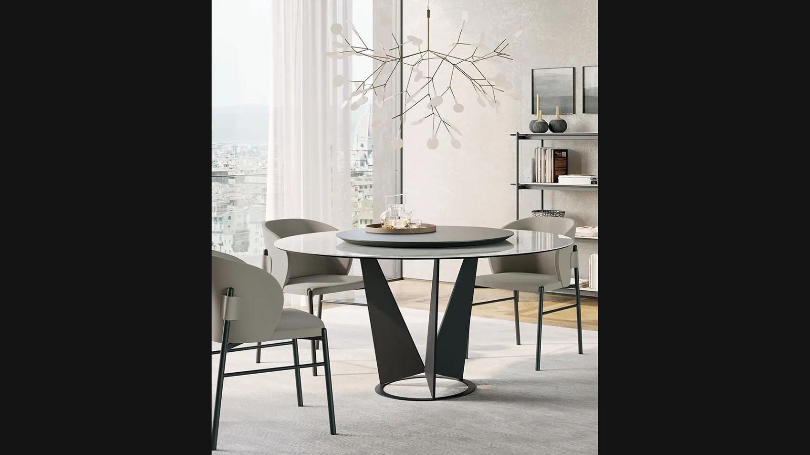 Tavolo rotondo Eiffel in gres con piano girevole in legno di Dall'Agnese