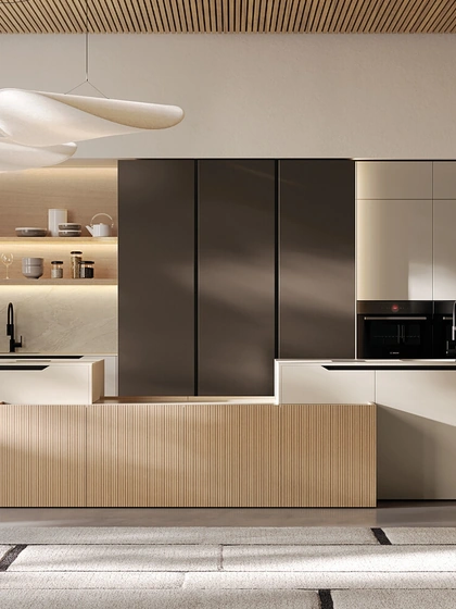 Cucina Moderna in laccato e impiallacciato con isola Time di Arredo3